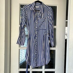 AYR blue white silk striped button down shirt dress size Medium, tie wrap belt